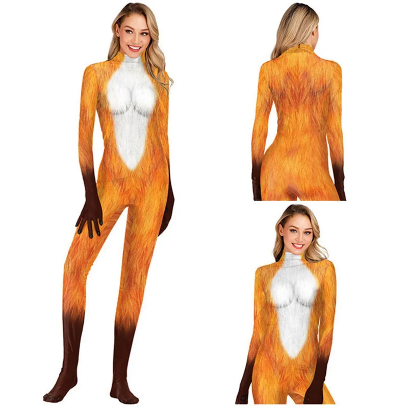 Costumes d'Halloween pour Adultes et Enfants, Combinaisons Cosplay Animal Renard, Vêtements Zentai Musclés Imprimés Anime 3D, 110-190cm