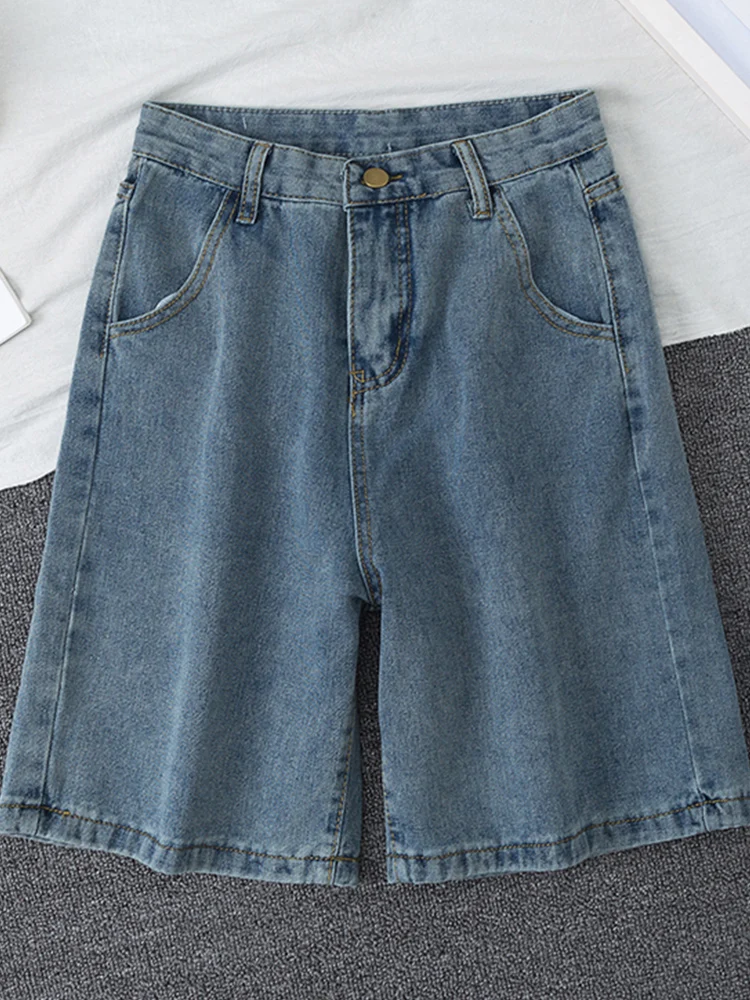 2024 New Summer Women High Waist Blue Wide Leg Denim Shorts Casual Female Solid Streetwear Stright Jeans Bermuda Shorts