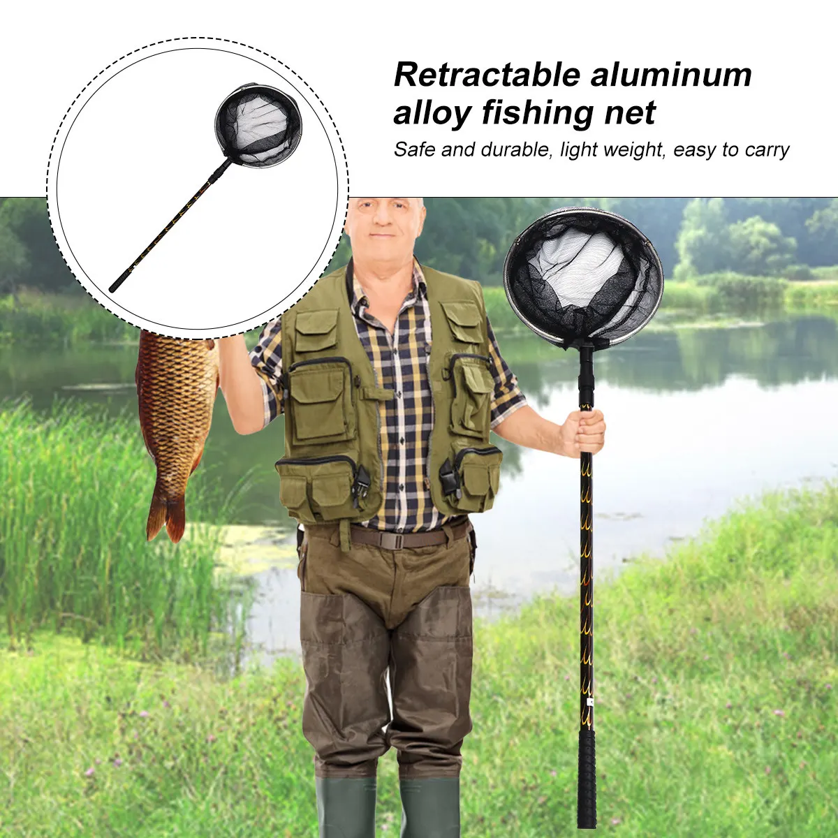 1Set High Quality Aluminium Alloy Fishing Net with 1.7m Telescopic Handle Rust Resistant Non Slip Grip Landing Net for Fishing