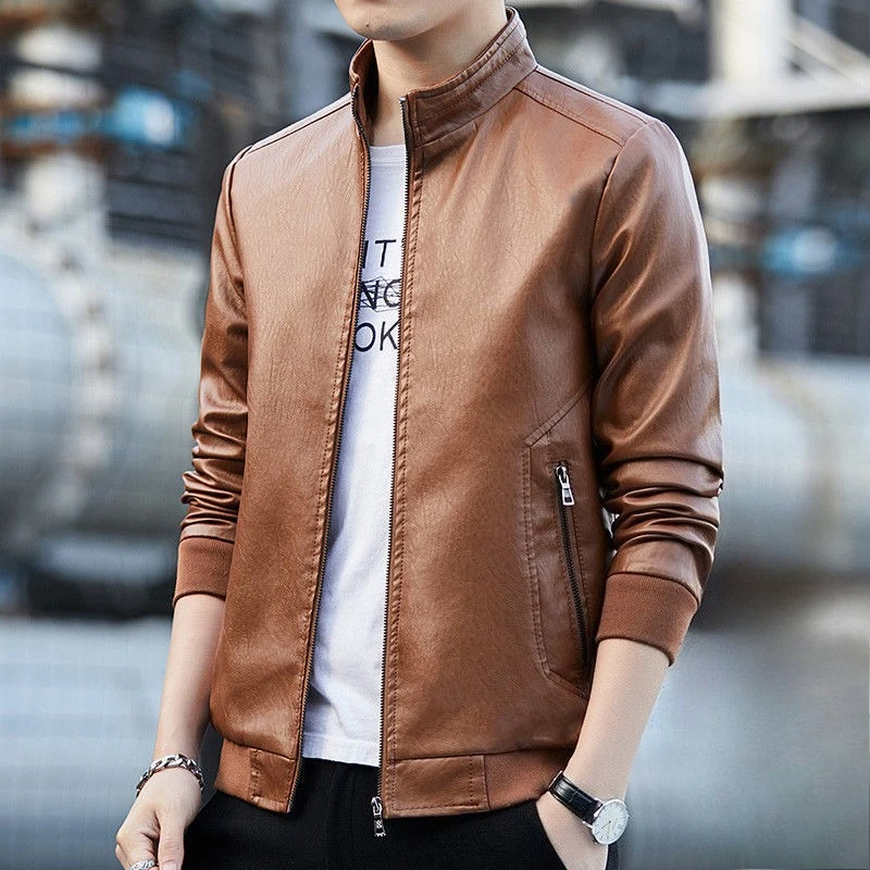 

Men's Autumn Winter Slim Fit Leather Jacket Short Fleece Lined Soft Leather Coat for Warmth Streetwear Style