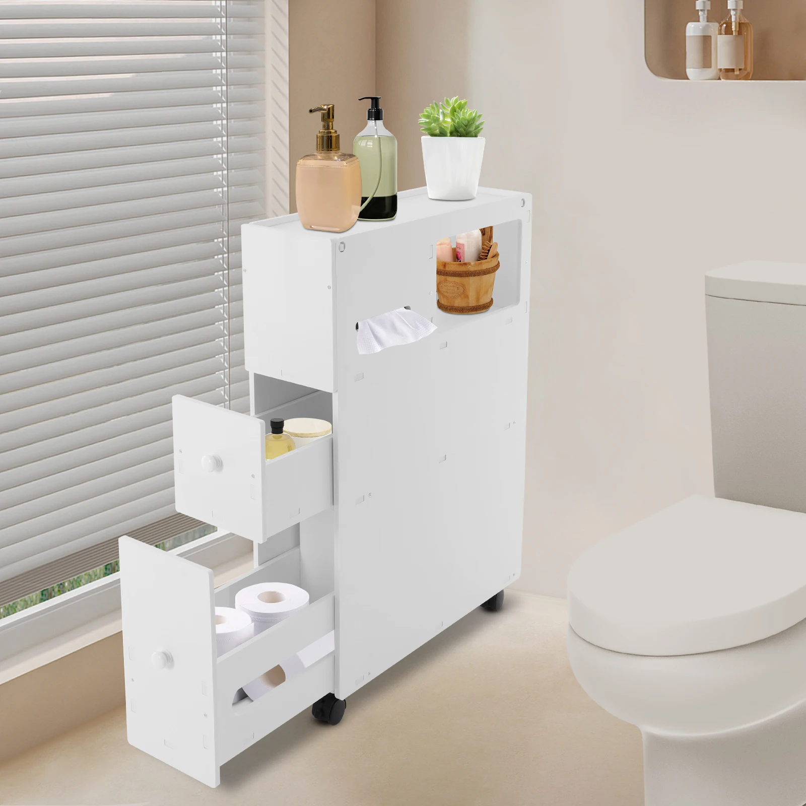 Bathroom Space-saving Narrow Storage Cabinet Floor Storage Organizer PVC Rolling Drawer Unit with Lock Wheels Multi Compartment for Toilet Side