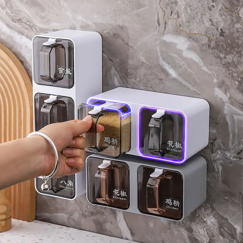 

Wall-mounted Seasoning Box Salt Pepper Spice Rack Jar Storage Container Pepper Jar Seasoning Pot Combination Boxes Set Organizer