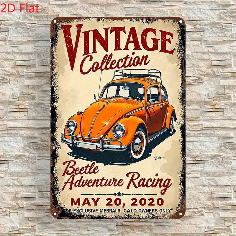 Letrero de metal Beetle Adventure Racing - Decoración retro para automóvil con diseño clásico de escarabajo, rayas rojas y blancas y texto "Colección vintage"