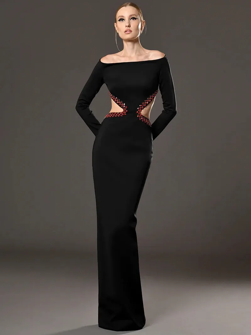 

High quality line neck, shoulder, waist and long sleeve heavy order diamond evening party annual backless bandage dress