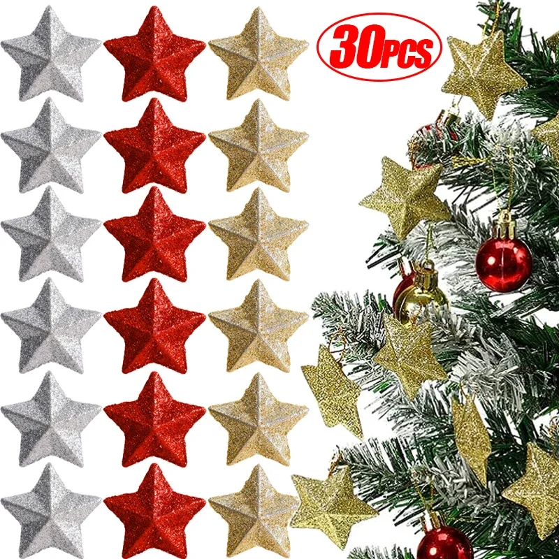 6/30PCS Pentagram Christmas Hanging Pendant Silver Gold Glitter Star Xmas Tree Ornament Festive Wedding Party Home Decoration