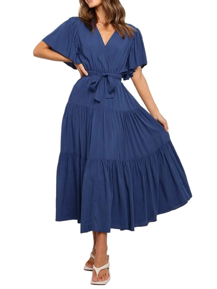 Abiti da festa eleganti con scollo a V con lacci Boho da donna Primavera Estate Nuovo abito longuette francese pieghettato solido maniche corte con orlo grande