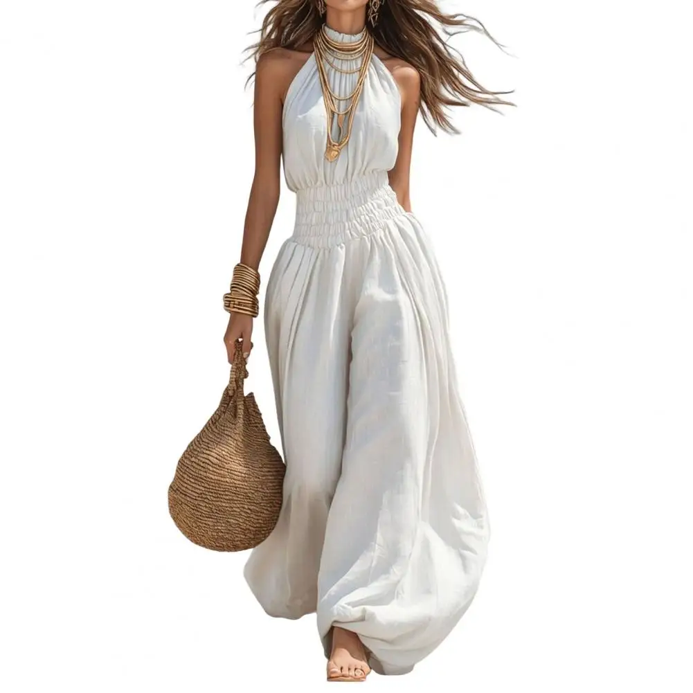 Polyester Jumpsuit Women’s Halter Jumpsuit Romper Smocked Waist Lantern Pants Summer Travel Vacation Outfit for Women Solid