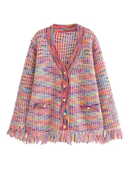 Cardigan à simple boutonnage pour femme, pull arc-en-ciel avec décoration à pampilles, pull décontracté, nouvelle mode, automne 2024