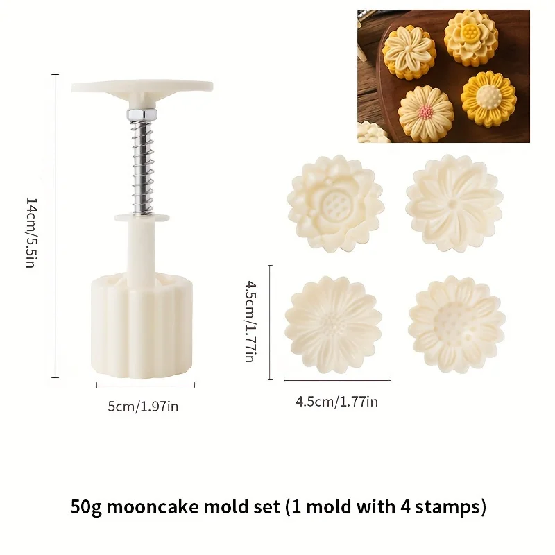 Bloemen Maan Cake Mold Set, 1 Mal En 4 Stempels, Diy Hand Press Mung Bean Cake,Mid Autumn Festival Gebak Mallen, Koekjes Snijden