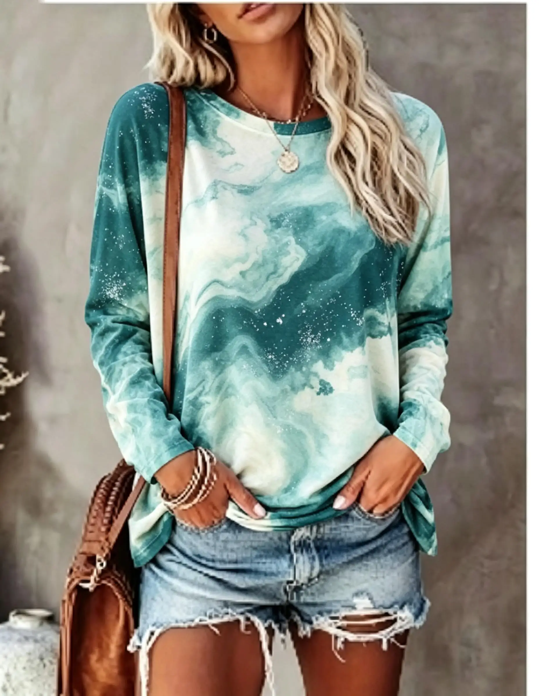 Women Long Sleeve T Shirt Autumn Swirl Marble Tie Dye Gradient Print Crew Neck Casual Fall Tops - view 3