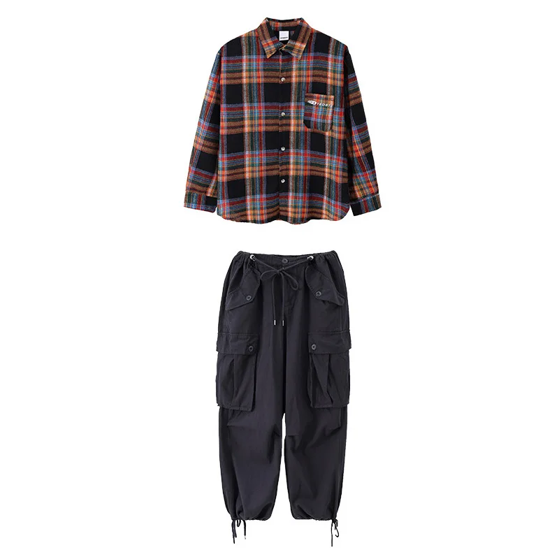 Costume Hip Hop pour garçons, chemise à carreaux à rayures, pantalon Cargo kaki/gris pour filles, danse de rue, vêtements de Jazz pour enfants, ensembles Streetwear pour enfants