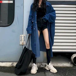 Denim Trench Coats Women Long Sleeve Casual Korean Style Workwear Jackets Vintage Ankle Length Oversized One-piece Women Tops