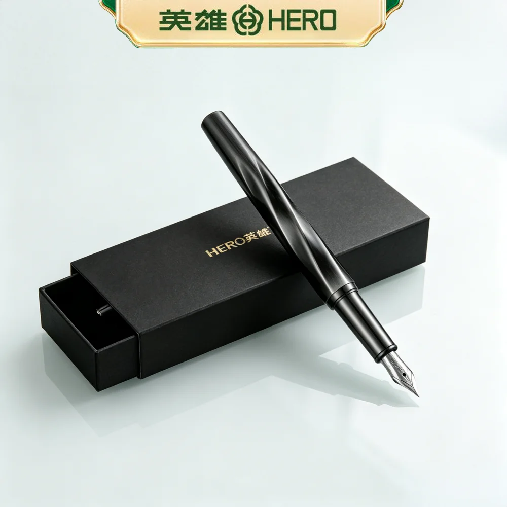 

HERO E505A Vintage Twist Knob Brushed Iridium Nib Pen No Ink But Box Contains Ink Smooth Writing Retro Style