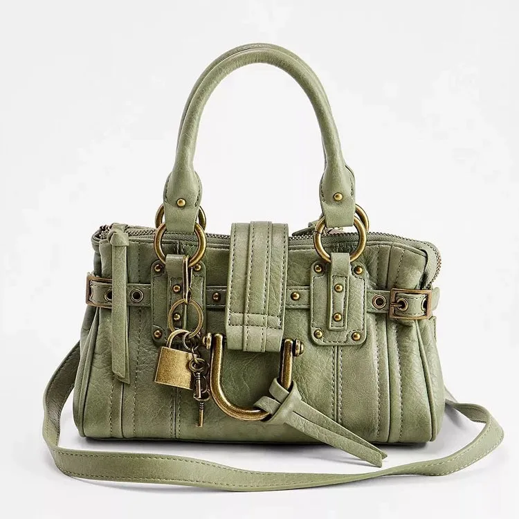 Y2k Vintage Women PU Stylish Tote Bag Lock Rivet Large Capacity Shoulder Bag Zippered Buckle Commute Travel Motorcycle Handbag
