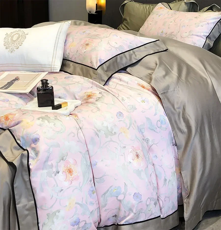 Fashion pastoral flower pink green bedding set,full queen king geometric cotton home textile bed sheet pillow case quilt cover