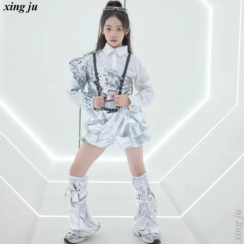 Pantaloncini elastici moda per bambini Costume da ballo jazz Ragazza Ballo di strada Top con paillettes argento Camicia bianca Abbigliamento da spettacolo teatrale Hip Hop per bambini