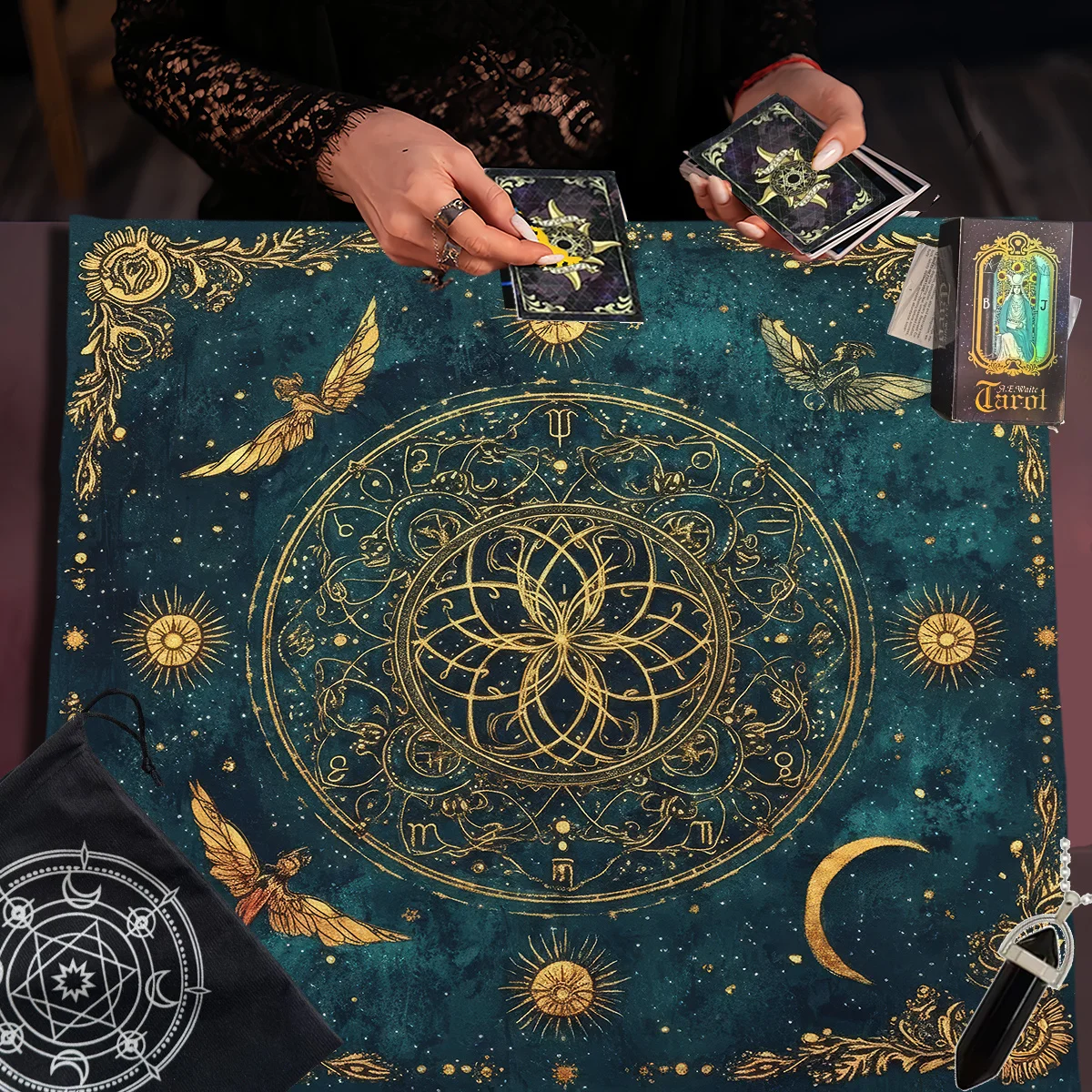 VIKAMA Teal Celestial Magic Circle Tarot Altar Cloth Witchcraft Divination Mat for Tarot Reading Spiritual Astrology Decor
