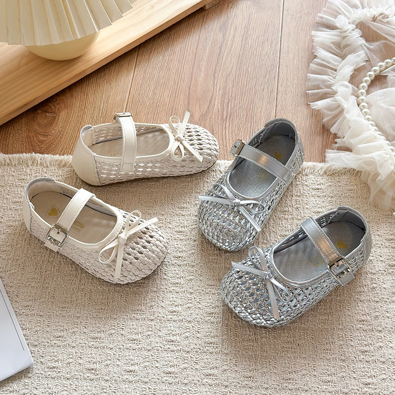 Kids Flat Shoes Weave Simple Bows Girls Princess Shoes Korean Style Versatile 2026 Summer New Children Casual Shoes Breathable