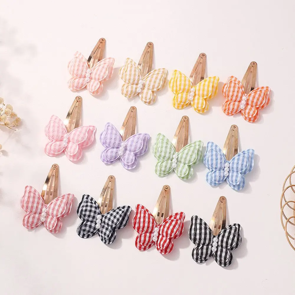 Plaid Pearl Butterfly Bow Hair Clips, Grampos de cabelo para crianças, Acessórios de cabelo para crianças, Presilhas para bebês, Bulk, Novo, 100 pcs por lote