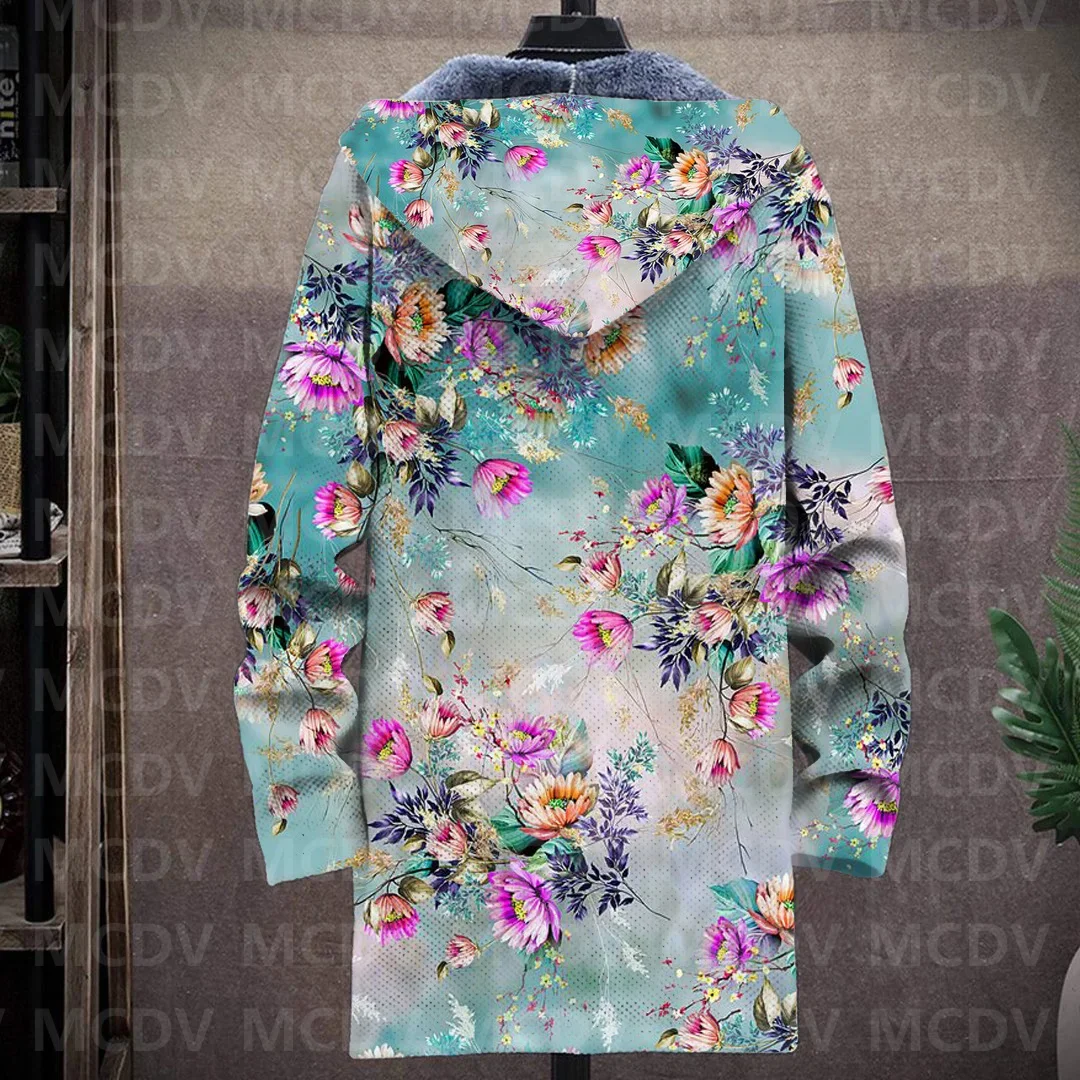 Men's Plush Thick Long-Sleeved Coat Cardigan Flower 3D Prined Fleece Hooded Overcoat Unisex Thick Warm Jacket