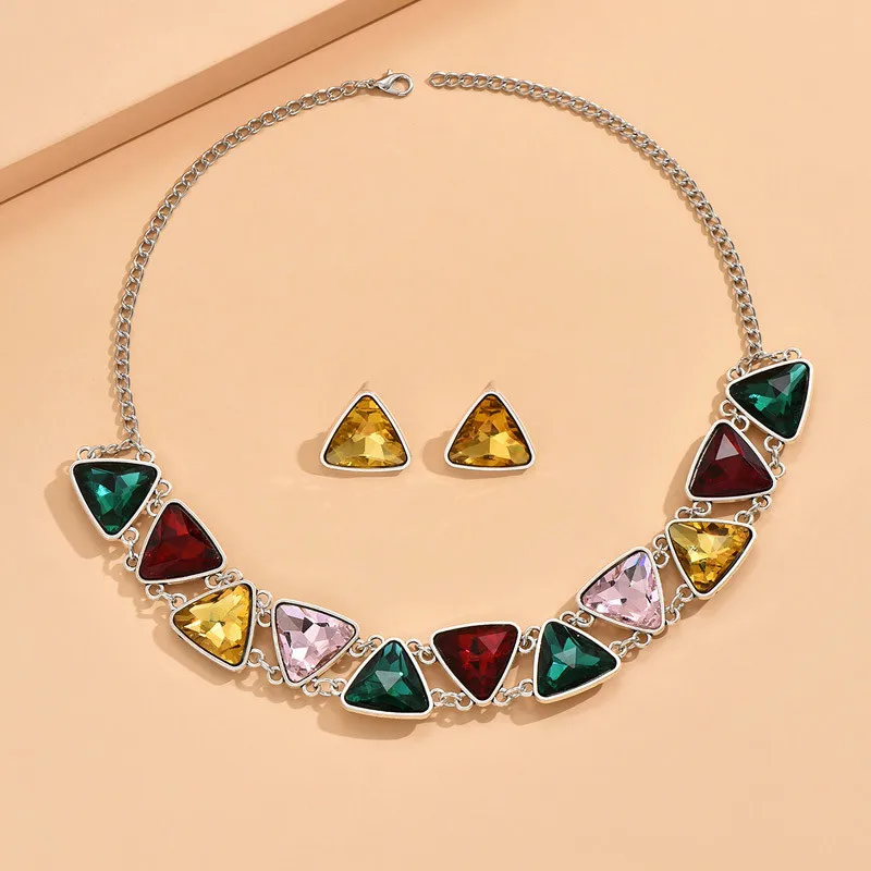 Kymyad Ethnic Jewelry Sets Glasses Stone Triangle Statement Necklace Earring Set For Women Simple Style Jewellery Collar