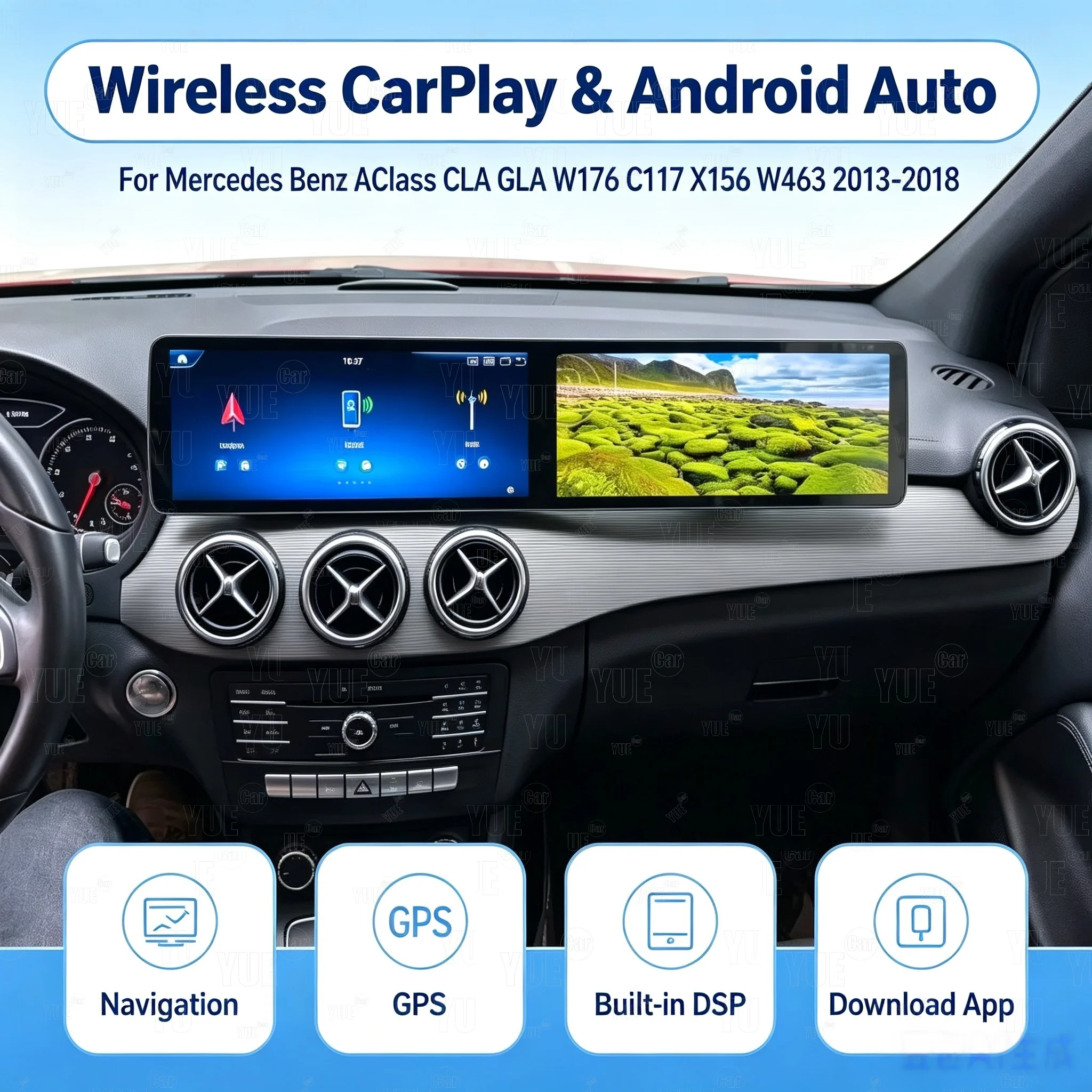 LHD RHD Dual Screen For Mercedes Benz A B Class GLA CLA W245 W246 W176 X156 C117 2013-2019 Android Auto GPS Carplay Car Stereo