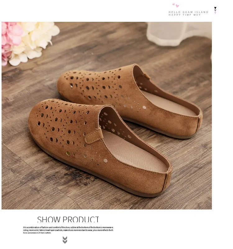 Damen-Mules mit Aussparungen, Clogs, Sommer, atmungsaktiv, geschlossene Zehenpartie, flache, rückenfreie Slipper, Wildleder, Slip-On, lässige Outdoor-Schuhe – Detail 8