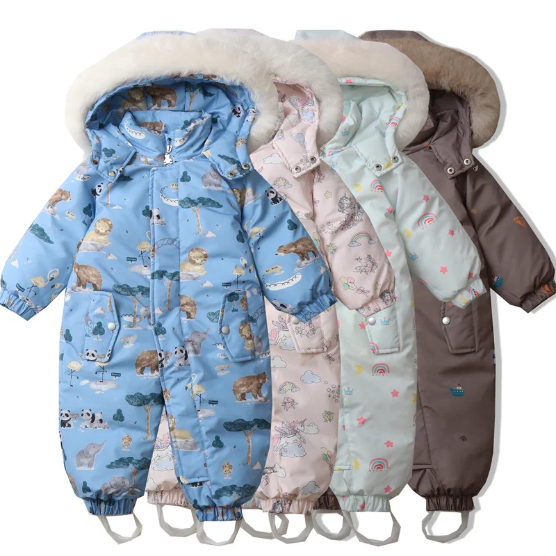 Winter Children Ski Suit Thicken Printed Baby Jumpsuit Warm Plus Velvet Children Jacket Hooded Kids Snowsuit Coat 1-5 Years