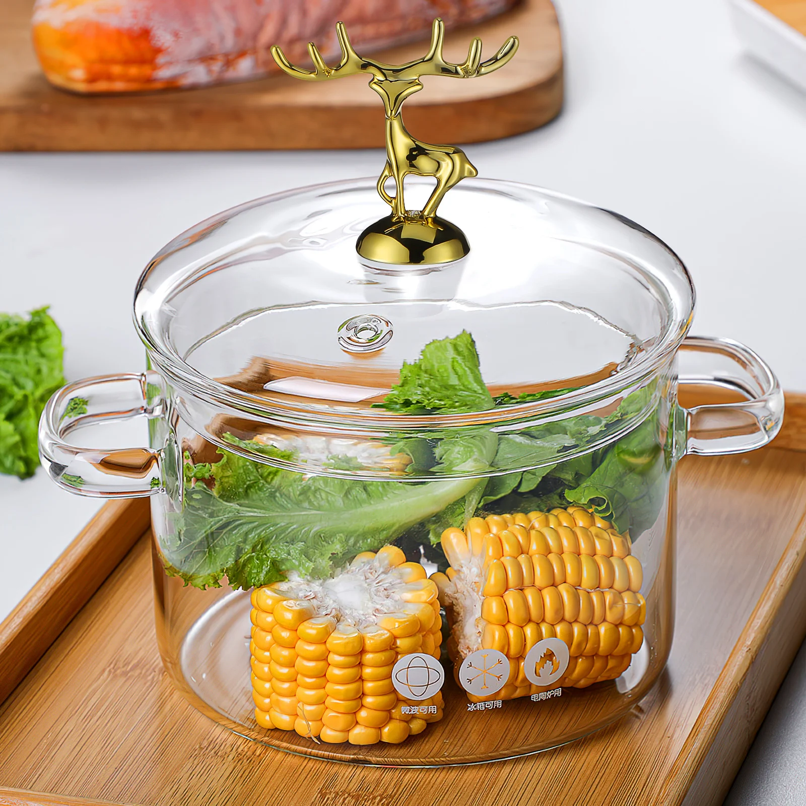 

Stockpot High Borosilicate 1500ml Elk Style Lid Transparent Soup Pot Heat Resistant Glass Stewing Pot Kitchenware