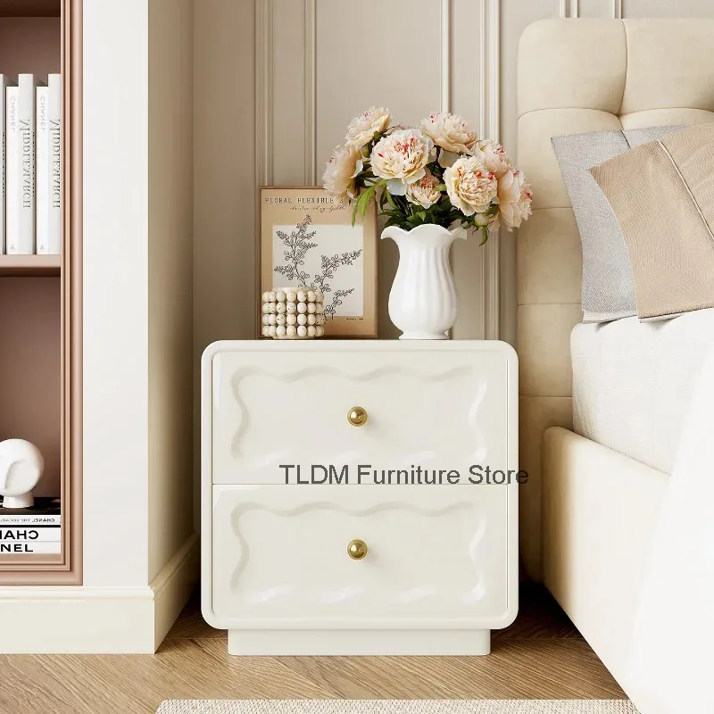Wave Embossed Two Drawer Nightstand Round Knob Storage Side Cabinet Minimalist Accent Table For Bedroom Sofa Decor