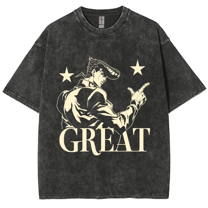 Fashion Anime Y2K Washed Tshirt,Jo4 Josuke Great Graphic Print, Oversized Streetwear Vintage Washed Short T-shirts For Men Women