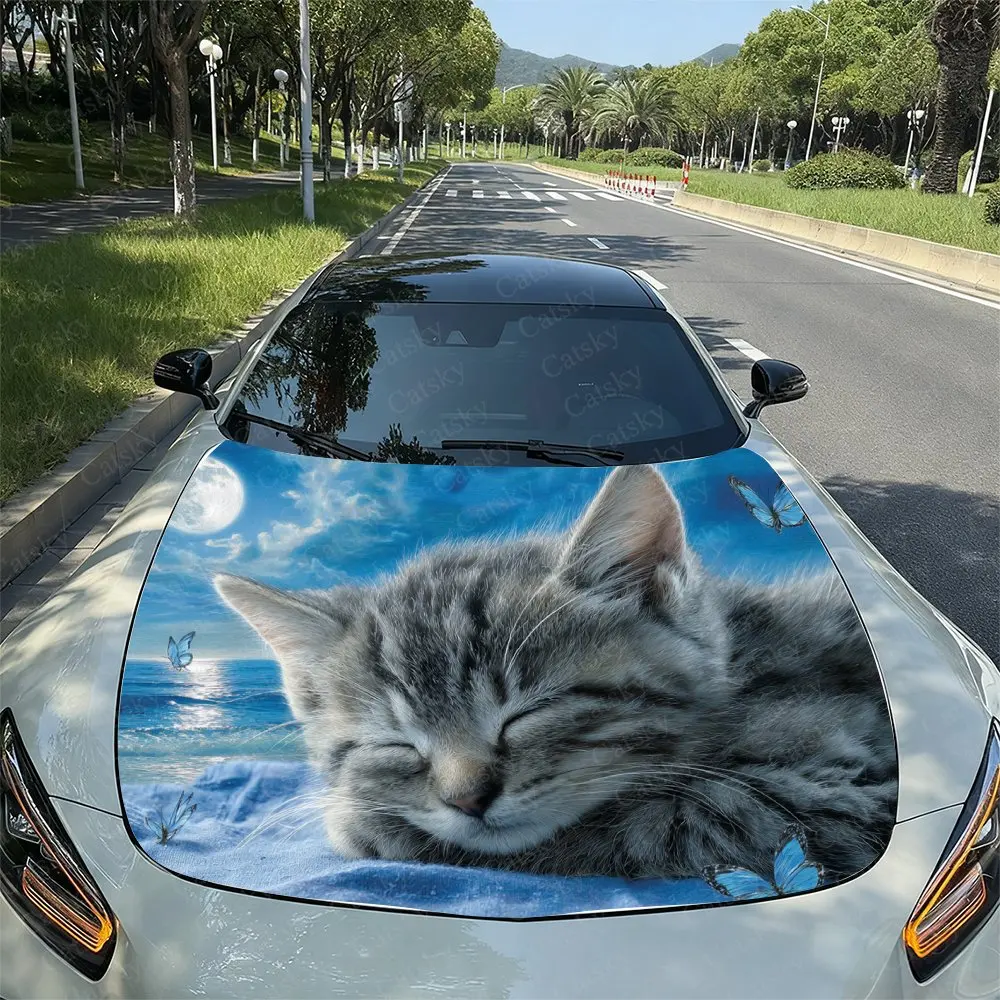 

Soft And Cute Sleeping Cat Butterfly Moonlit Design Pattern Car Hood Decal, Durable Car Vinyl Packaging Suitable For Most Vehicl