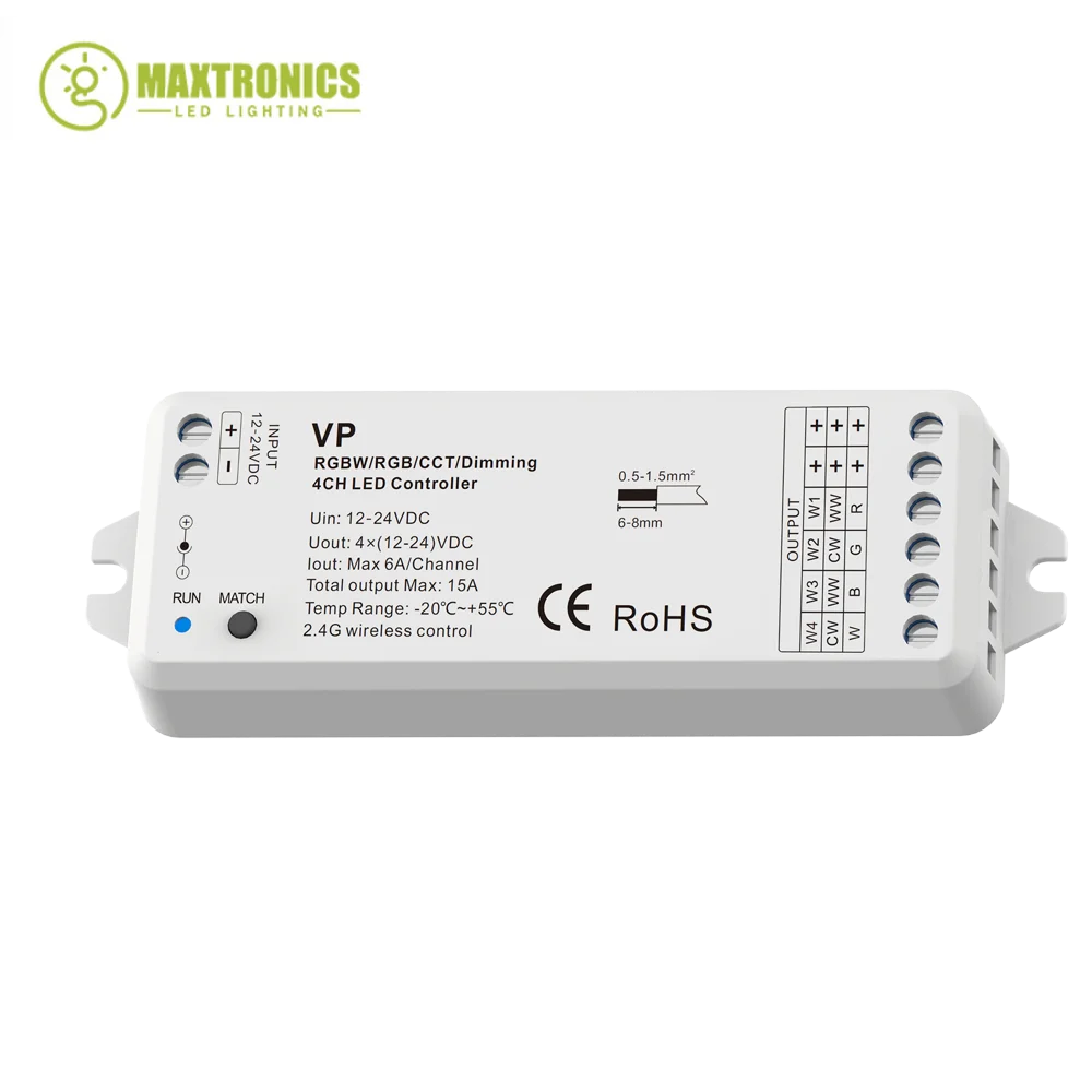 DC12V 24/36V RF 2.4GHz Wireless LED RGBW Dimmer Controller 4 canali Max 720W Per 3528 2835 5050 RGB RGBCW RGBWW LED Strip Tape