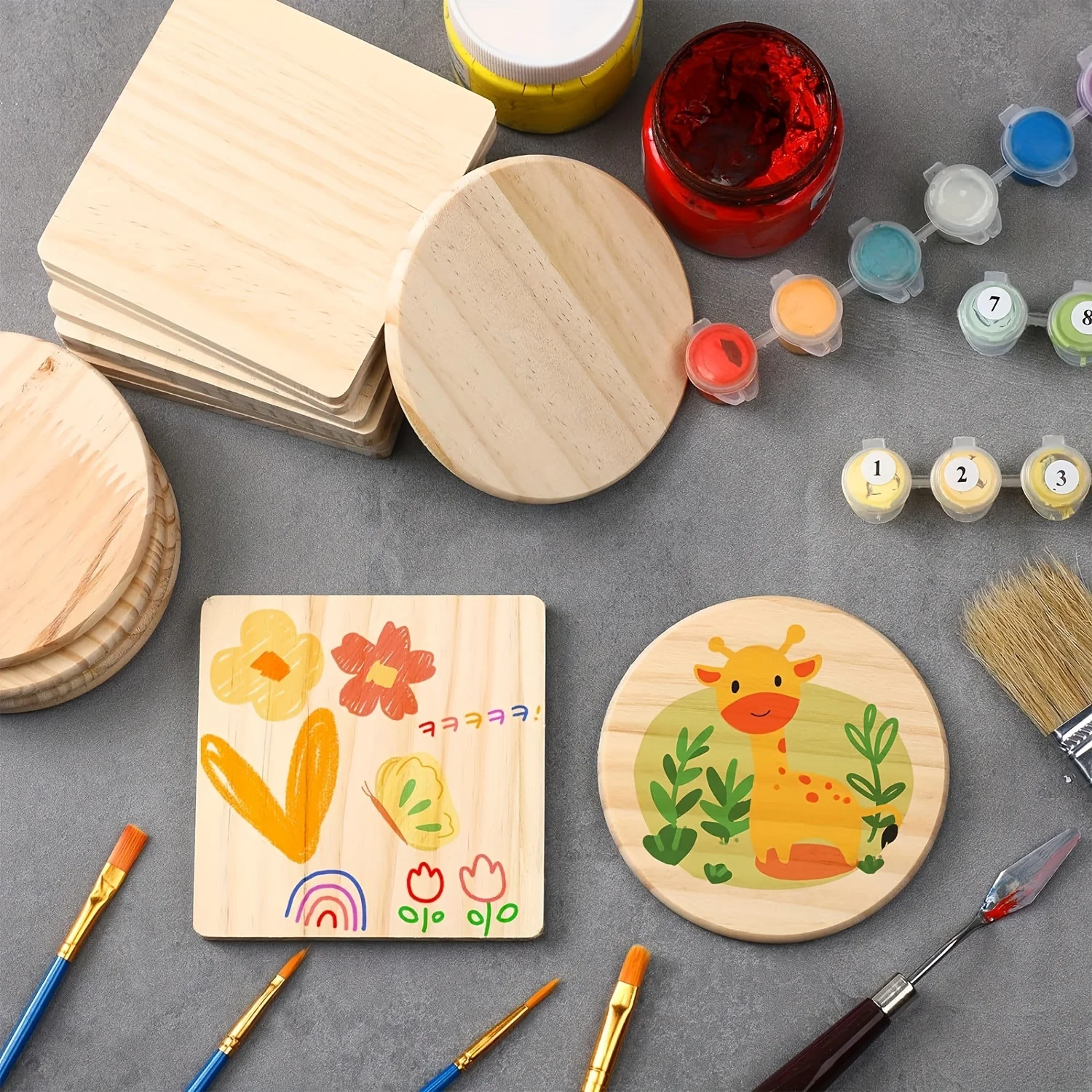 20pcs Wooden Coasters,Blank Wooden Craft Coaster Set with Non-Slip Foam Pad Stickers for DIY Coloring,Painting,Woodcarving,Decor