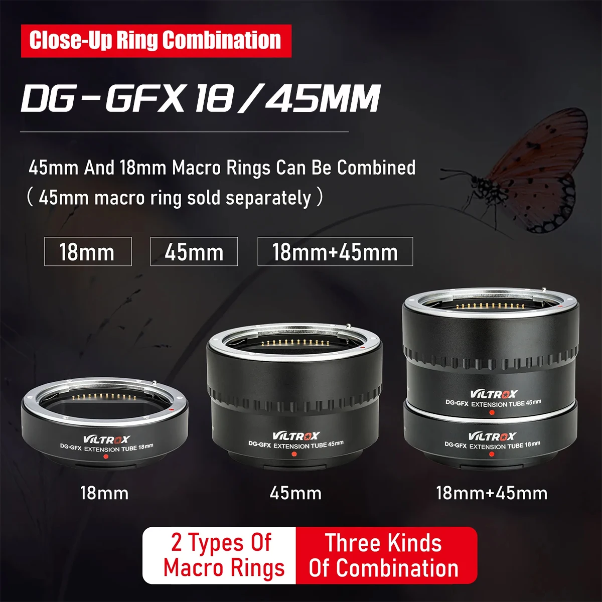 Viltrox DG-GFX Extension Tube 18mm 45mm Lens Adapter Ring Auto Focus for Fujifilm GFX-mount GFX 50S 50R Camera