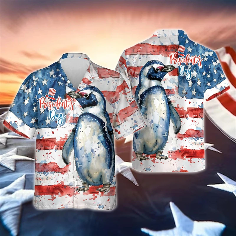 

Cute Animal American Happy Independence Day Graphic Shirts For Men Clothes Fashion US Flag Lapel Blouse USA Patriotic Button Top