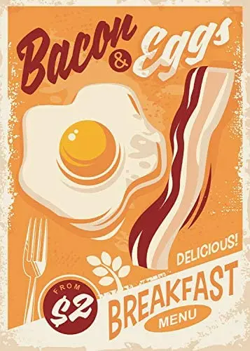 nobrand Bacon & Eggs Vintage Metal Sign, Retro Wall Plaque, Breakfast, American Diner 8x12 in