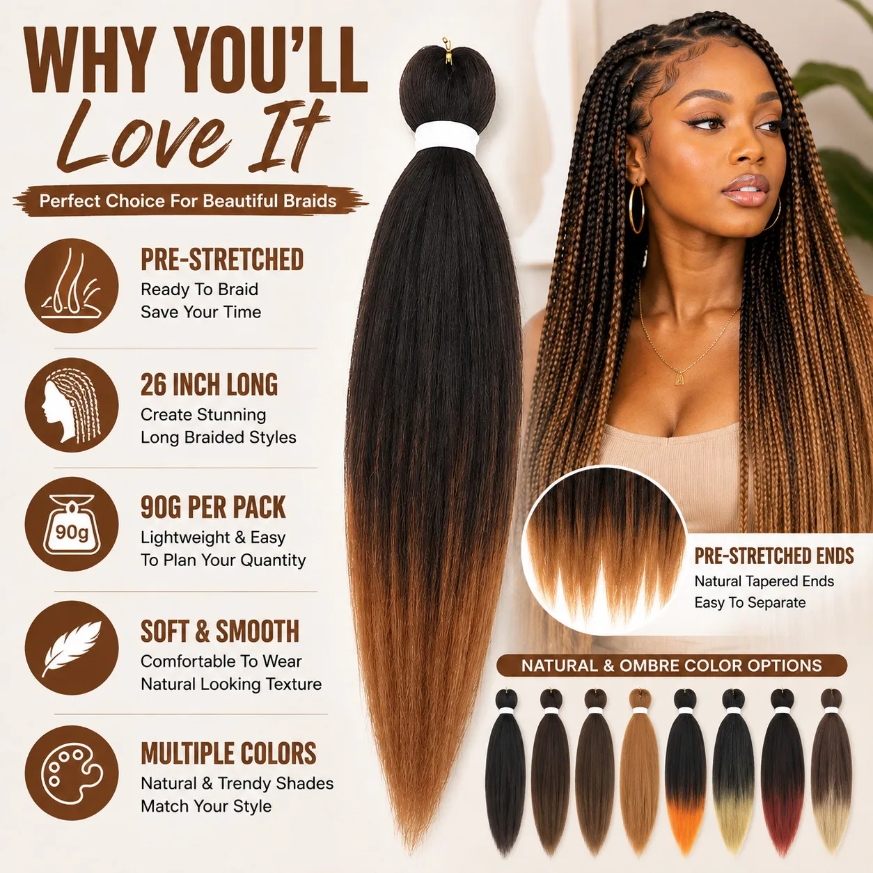26 Zoll Vorgedehntes Flechthaar aus Synthetikfasern, Lange Box Braids, Knotless Braids, für Schwarze Frauen, DIY-Schutzfrisur – Detail 3