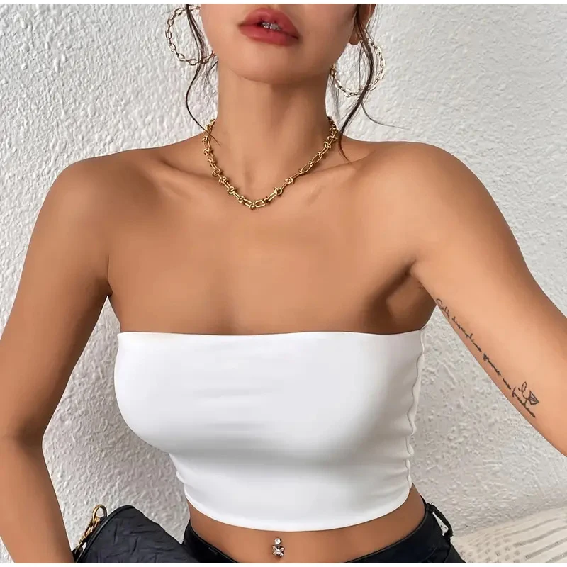 Women Solid Color Crop Tube Top Summer Strapless Solid For Bandeau Top Casual Sexy Street Basics White Summer Outfits Innerwear