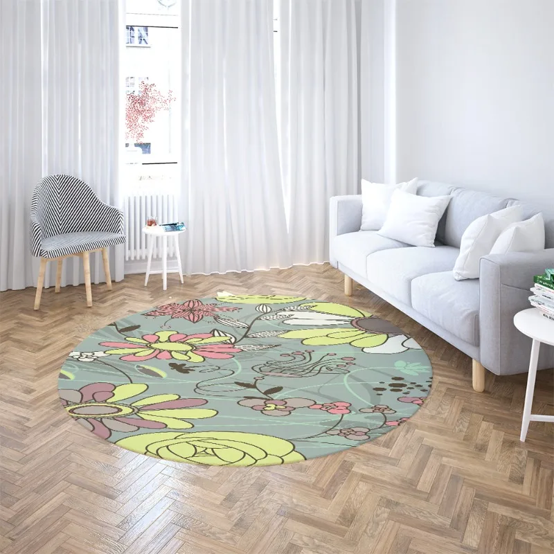 Minimalist Colorful Flower Round Area Rug Soft Anti-slip Floor Mat Light Green Floral Carpet For Bedroom Living Room Decor Mat