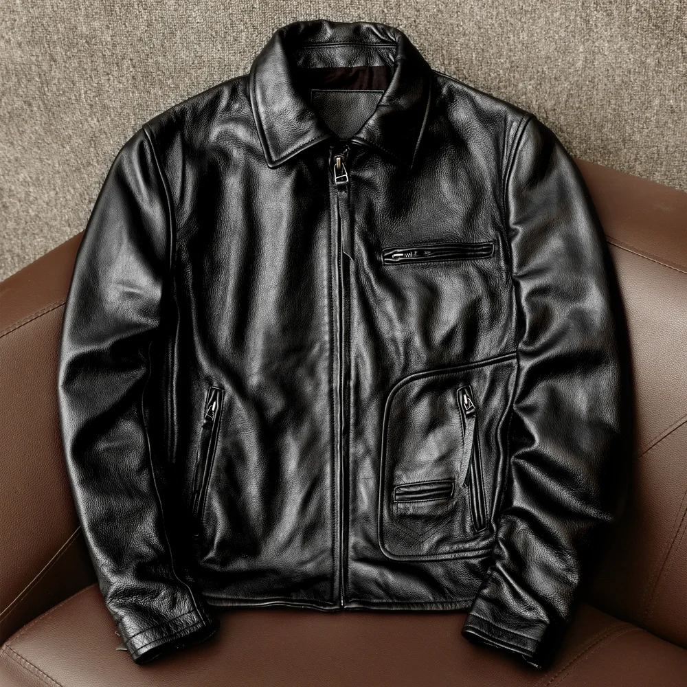 men Free Shipping.new style.warm cowhide jacket.quality biker leather coat.fashion slim leather clothes.black