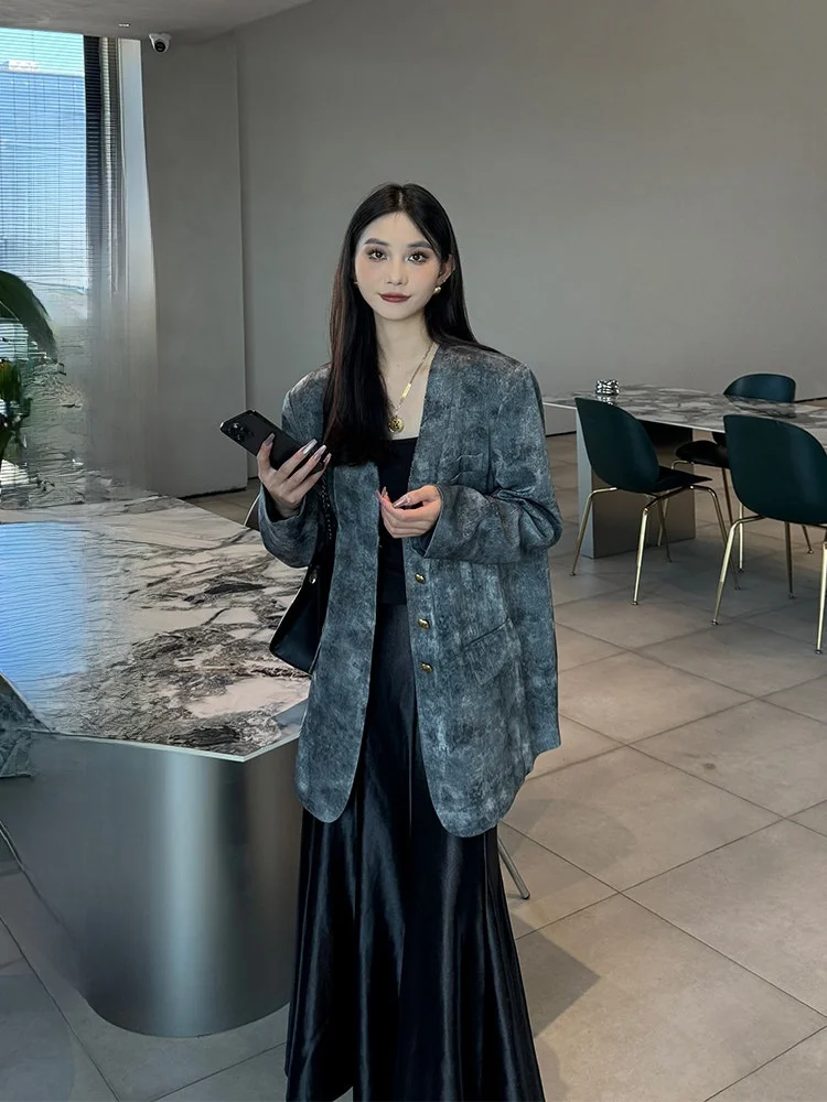 

New Chinese Sle Svel Women's Suit Jaet Casual Loose Design Spring Autumn Faion Small Size Top Polyester Fabric