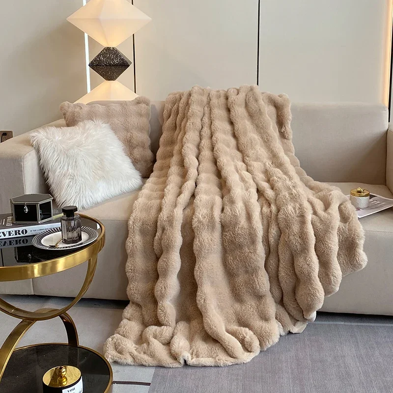 luxury faux fur Blanket double-sided fluffy bubble Fleece bed Plaid sofa blankets plush sofa cover bedspreads for double bed