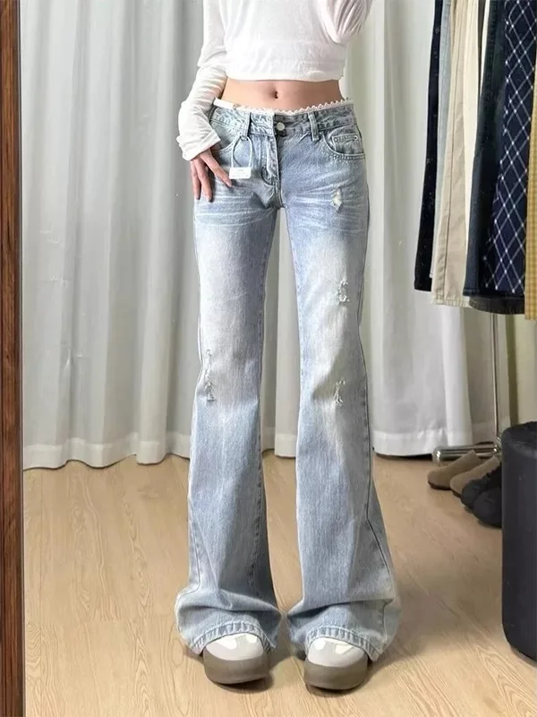 Low Waist Bell Bottom Lace Slimming Denim Jeans Women's Summer Fashionable Casual Straight Leg Blue Jeans High Waist