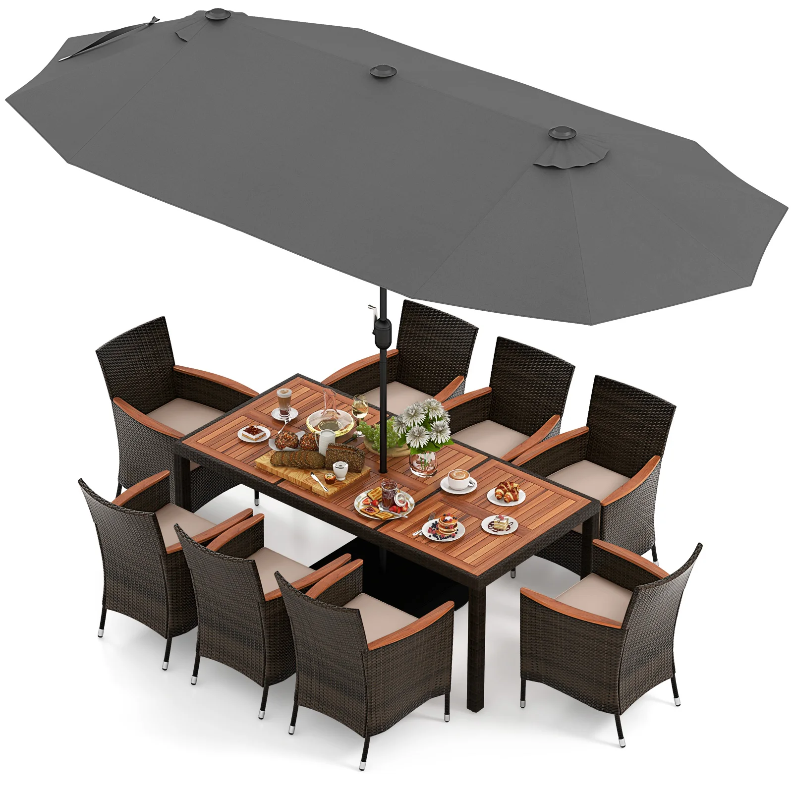 

9 Piece Patio Wicker Dining Set w/ Double-Sided Patio Umbrella, Stackable Chairs