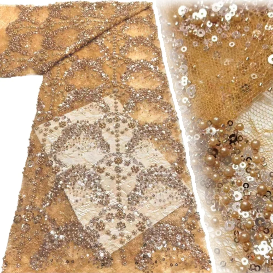 

Gold Wedding Party Fabric Hot Sale Africa 5Y Party Dress Series Handmade Embroidery Beads Net Lace Luxury Sequins for Women 2071