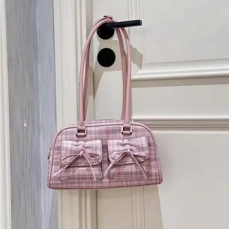 

Xiuya Pink Elegant Womens Shoulder Bag Plaid Bow Vintage Leather Cute Leather Handbag Casual Sweet Bow Exquisite New Armpit Bag