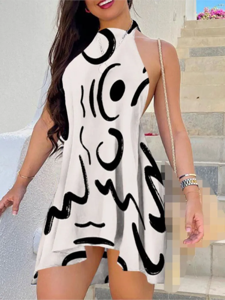 

New Summer Women's Fashion Trend Printed Sexy Backless Sleeveless Lace Up Casual Comfortable Round Neck Short Dress