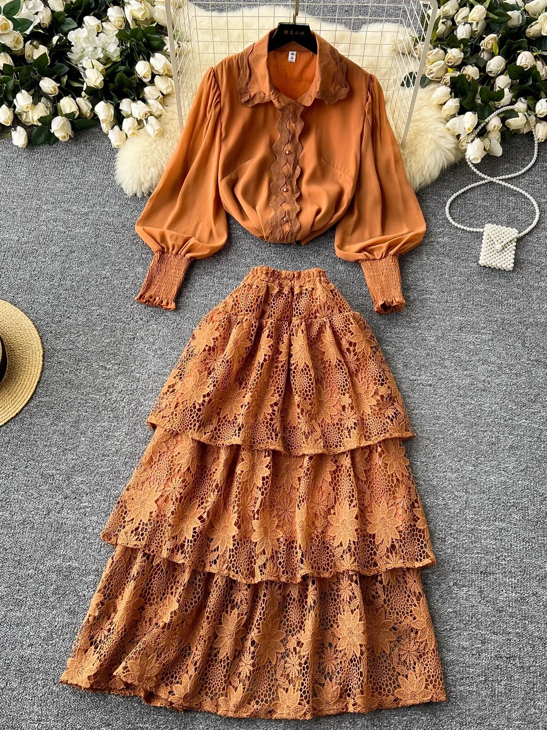 Autumn Women Red/Brown/White/Pink Lace Two Piece Set Elegant Turn-Down Collar Single Breasted Blouse + High Waist Ruffle Skirt