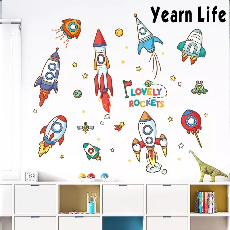 Cartoon Rocket Wall Stickers Outer Space DIY Vinyl Removable Wall Decals Art Decorations Decor for Kids Boys Playing Room Murals